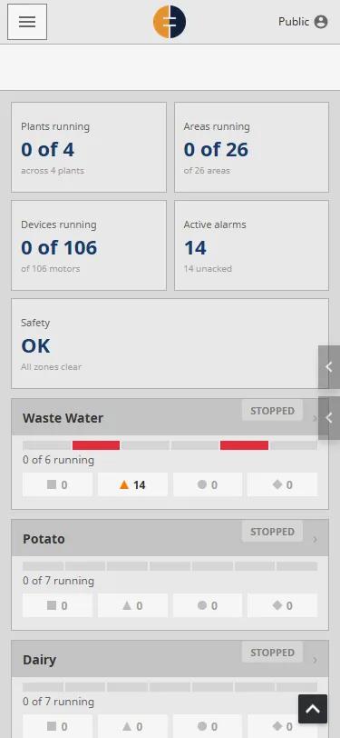 Mobile site overview showing plants, areas, devices and alarms
